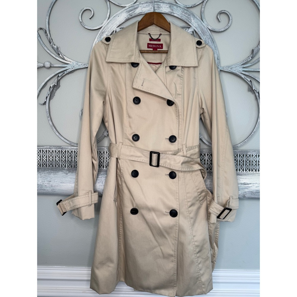 Merona Womens Khaki Double Breasted Trench Coat Belted Water Repellent Size L